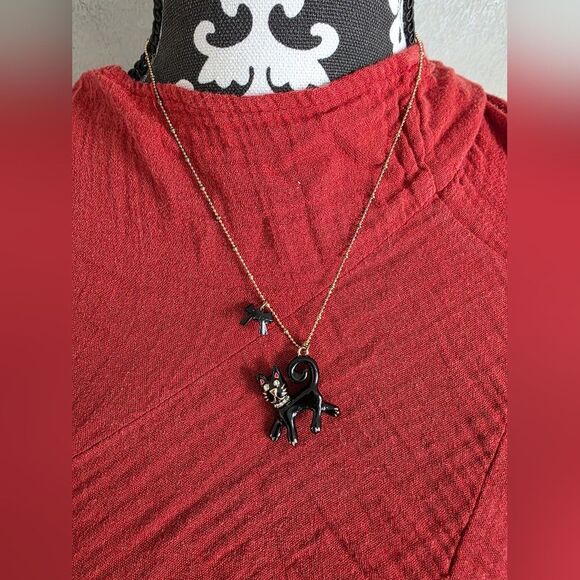 Betsey Johnson Black Cat Pendant Antique Gold Tone Necklace Rhinestone Rare 19' - Picture 9 of 12